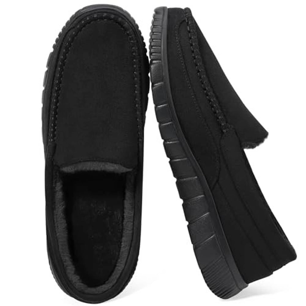 Men's black faux-fur slip-on loafers, front and side views