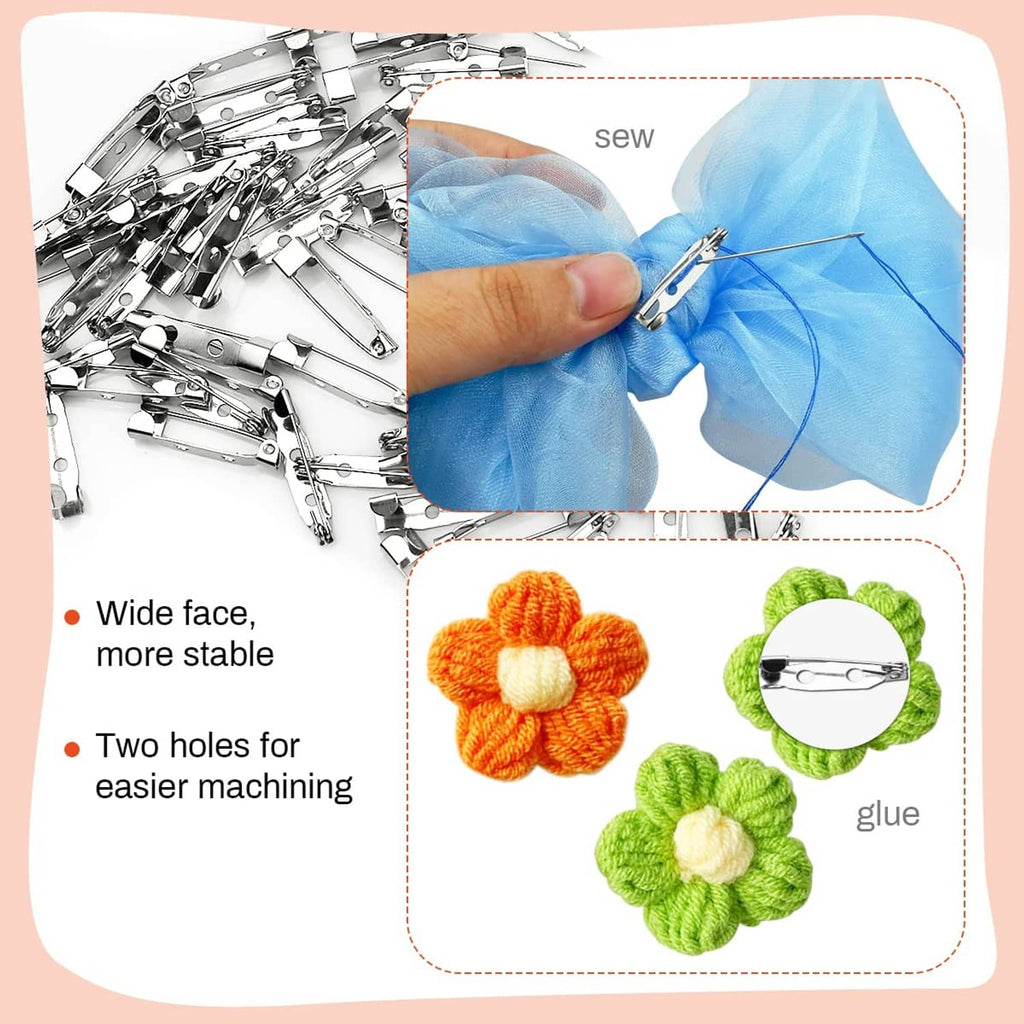 Silver bar pin brooch clasps with sew and glue icons on product card