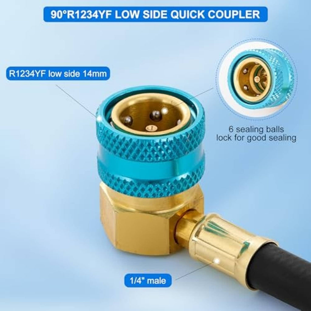 R1234yf low side quick coupler with blue connector and sealing balls