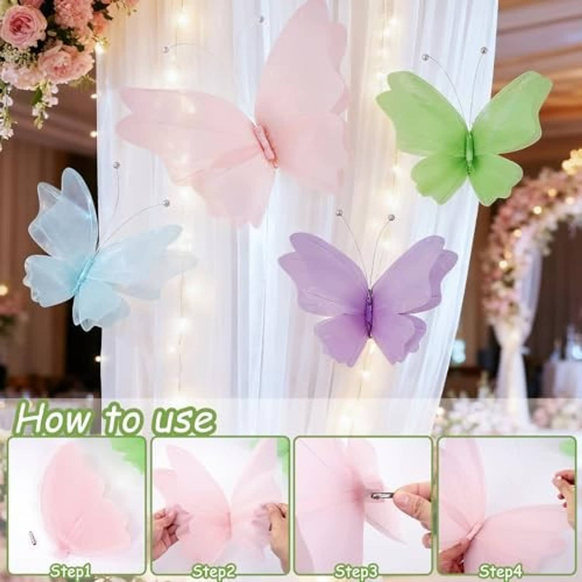 Pastel 3D butterflies on wire stems: pale pink, light blue, mint green, and purple