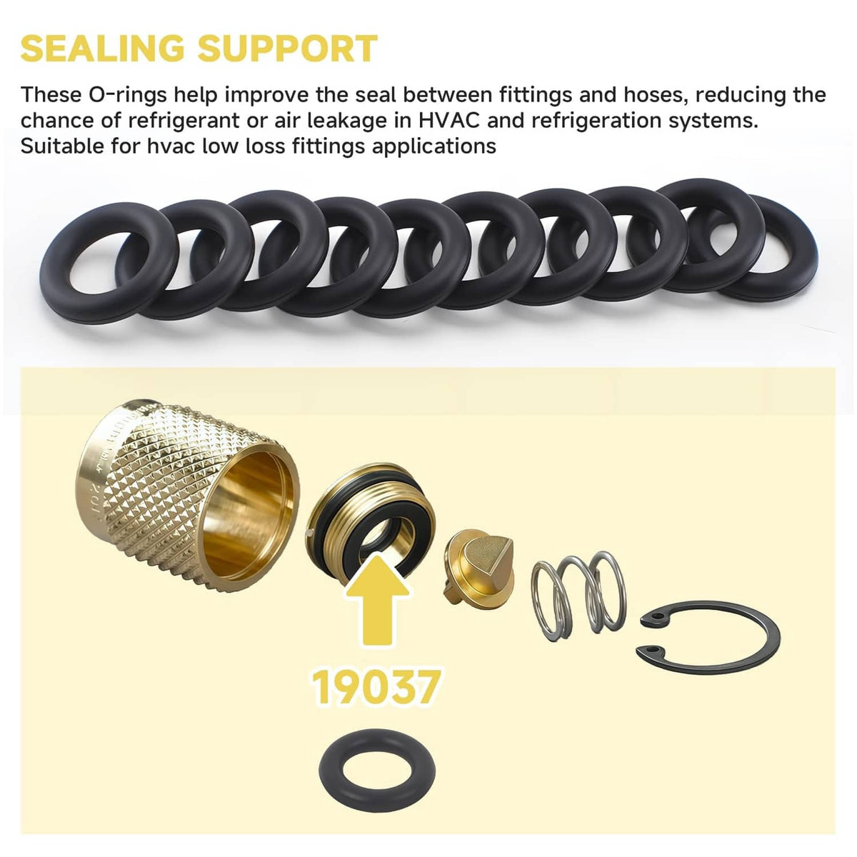 Black O-ring seals lineup with a brass fitting nearby, 10-pack set