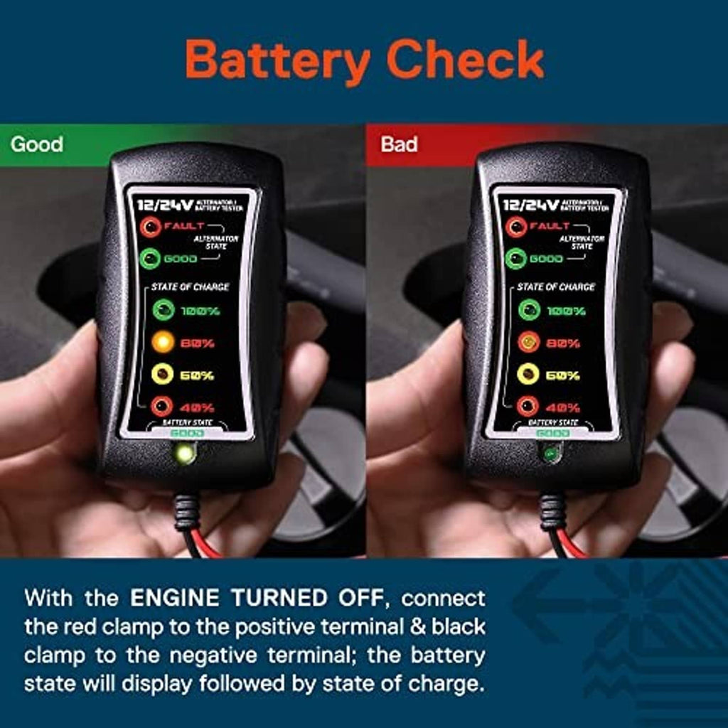 Handheld 12/24V battery and alternator tester with attached leads near car battery