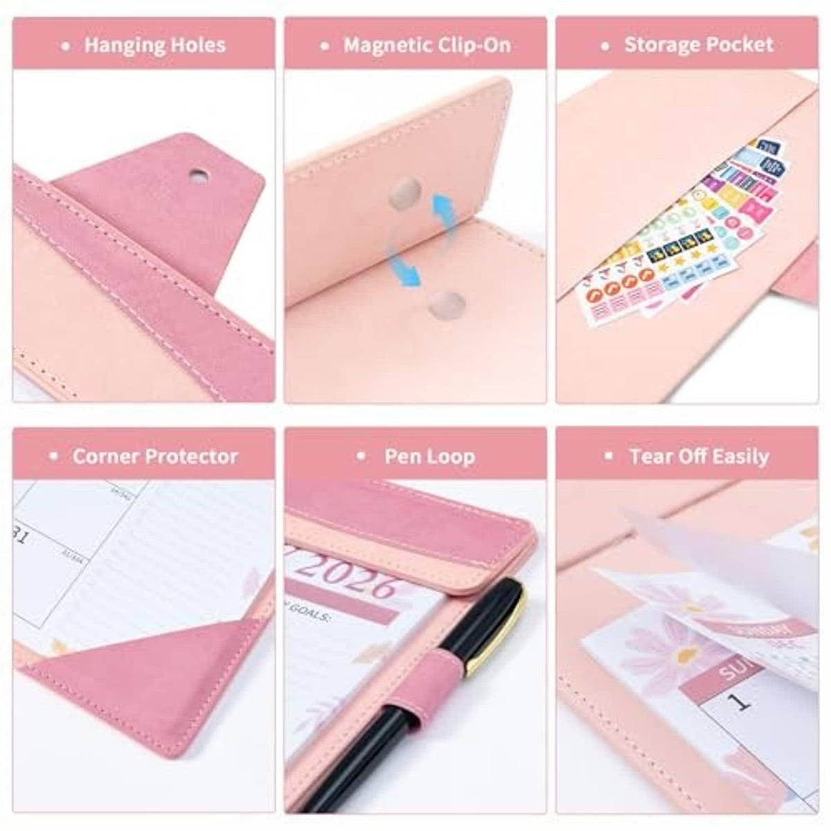 Pink leather calendar cover details: hanging hole, magnetic clip-on and storage pocket