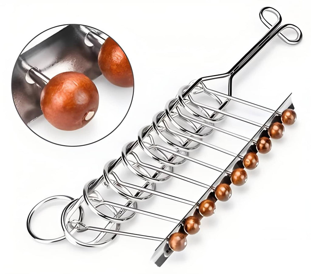 Metal brain teaser with linked rings, wire frame, and wooden bead row, angled view