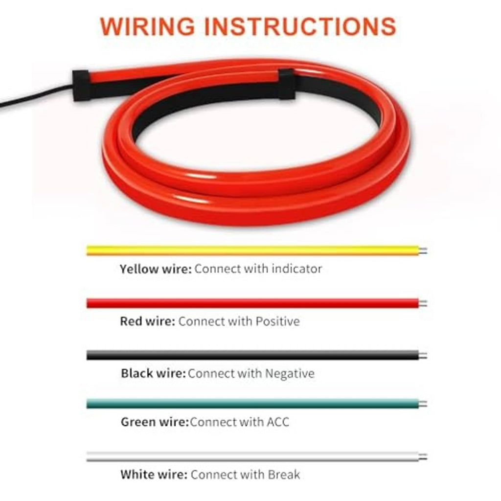 LED light strip wiring diagram with colored leads: yellow, red, black, green, white