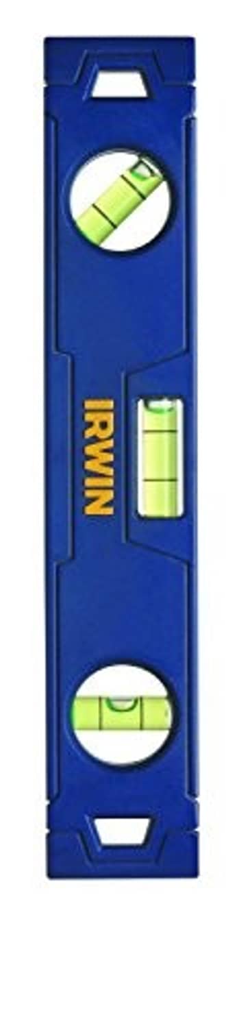 Blue magnetic torpedo level, side view with three bubble vial windows