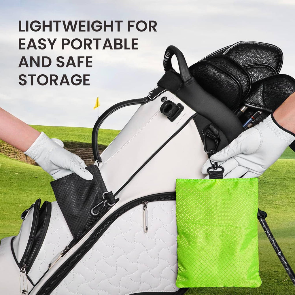 Green golf pouch bag with black hook attachment, shown on a golf bag for portable storage