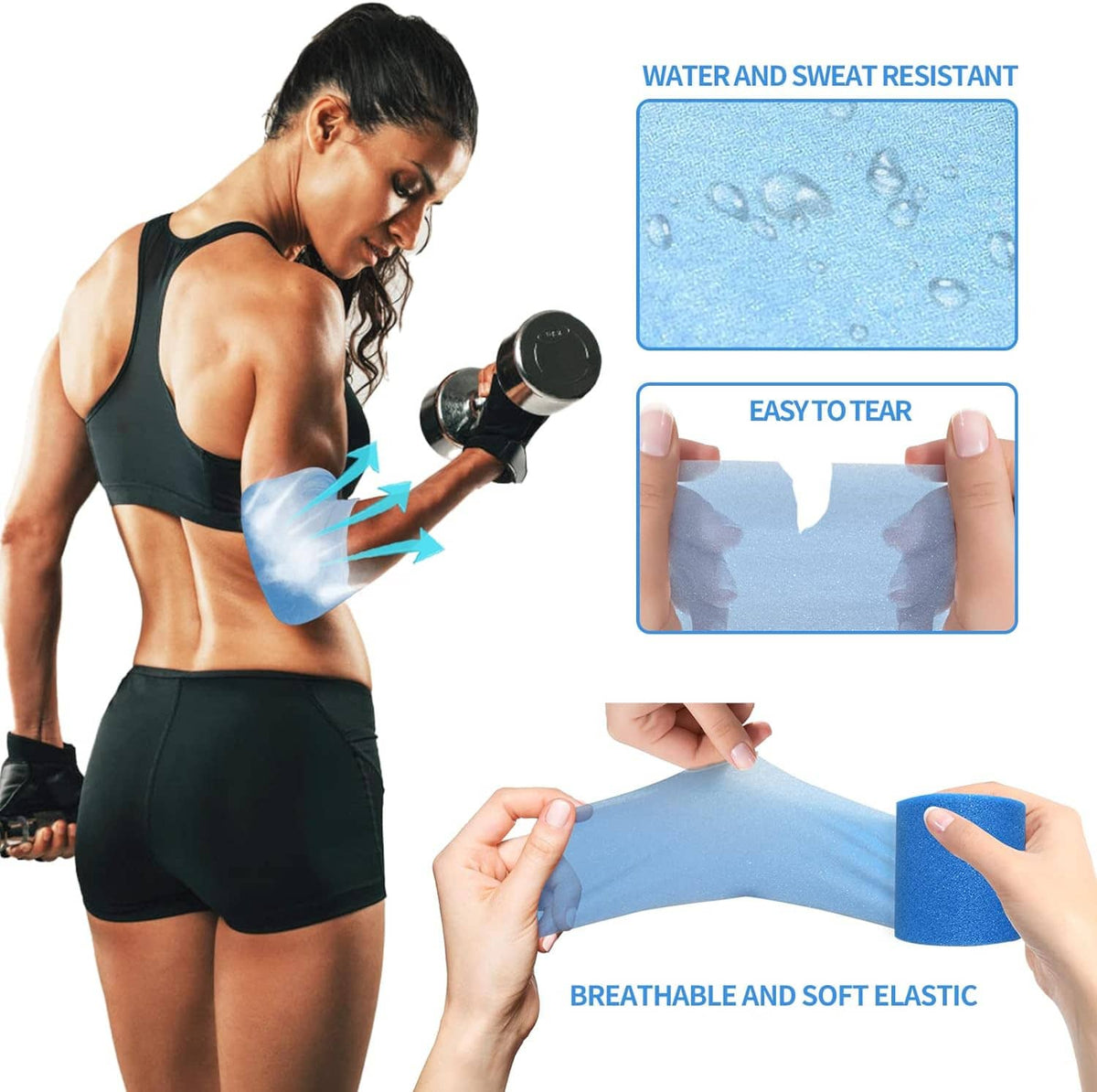 Pink athletic foam pre-wrap on an athlete’s arm, with close-up tear detail