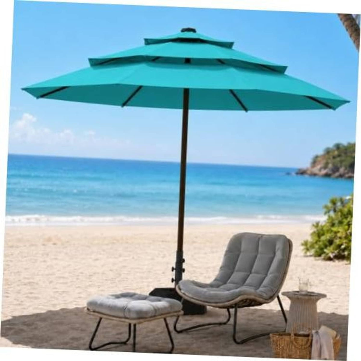 Turquoise 3-tier patio umbrella with vented canopy and tall metal pole stand