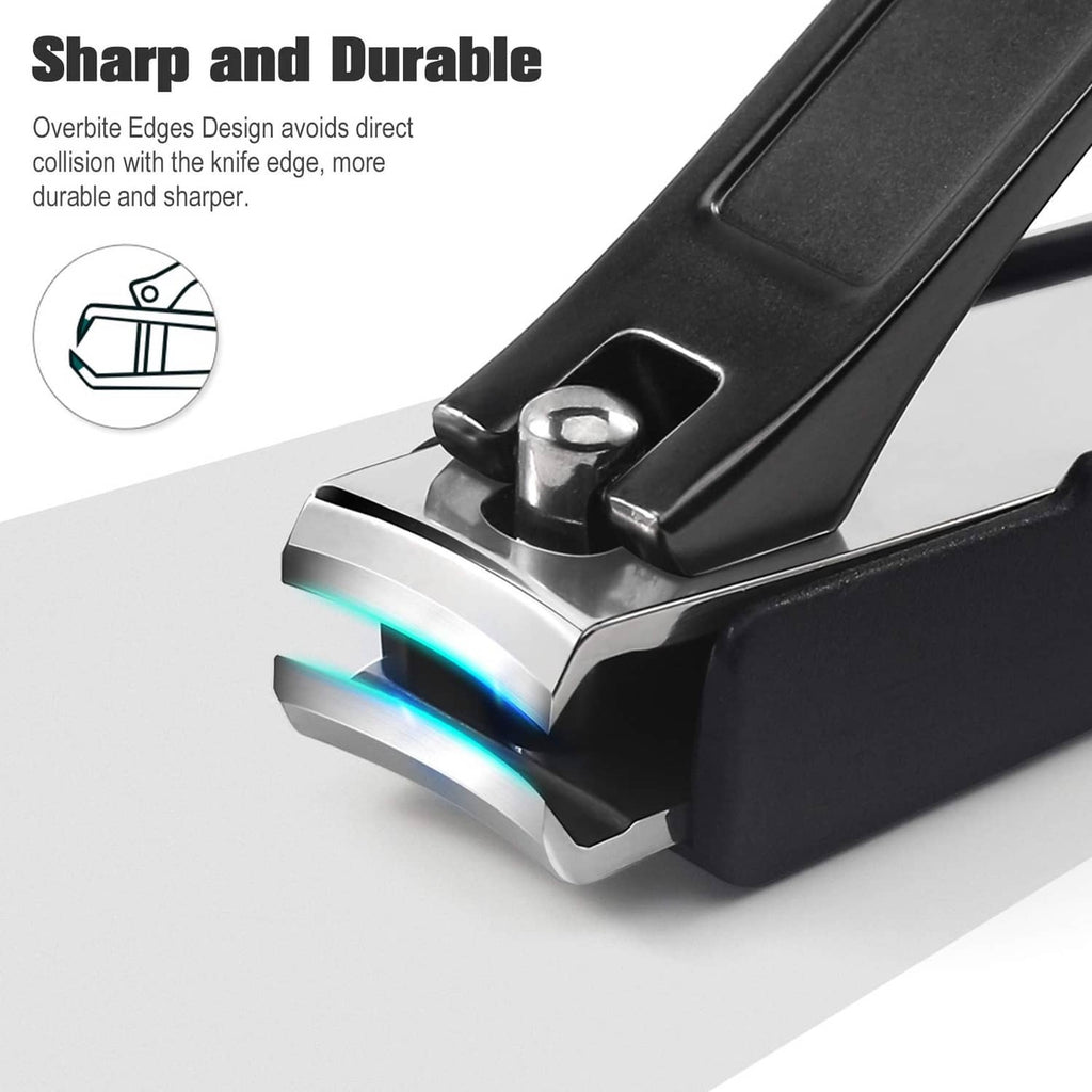 Black nail clipper with silver jaw, close-up lever mechanism