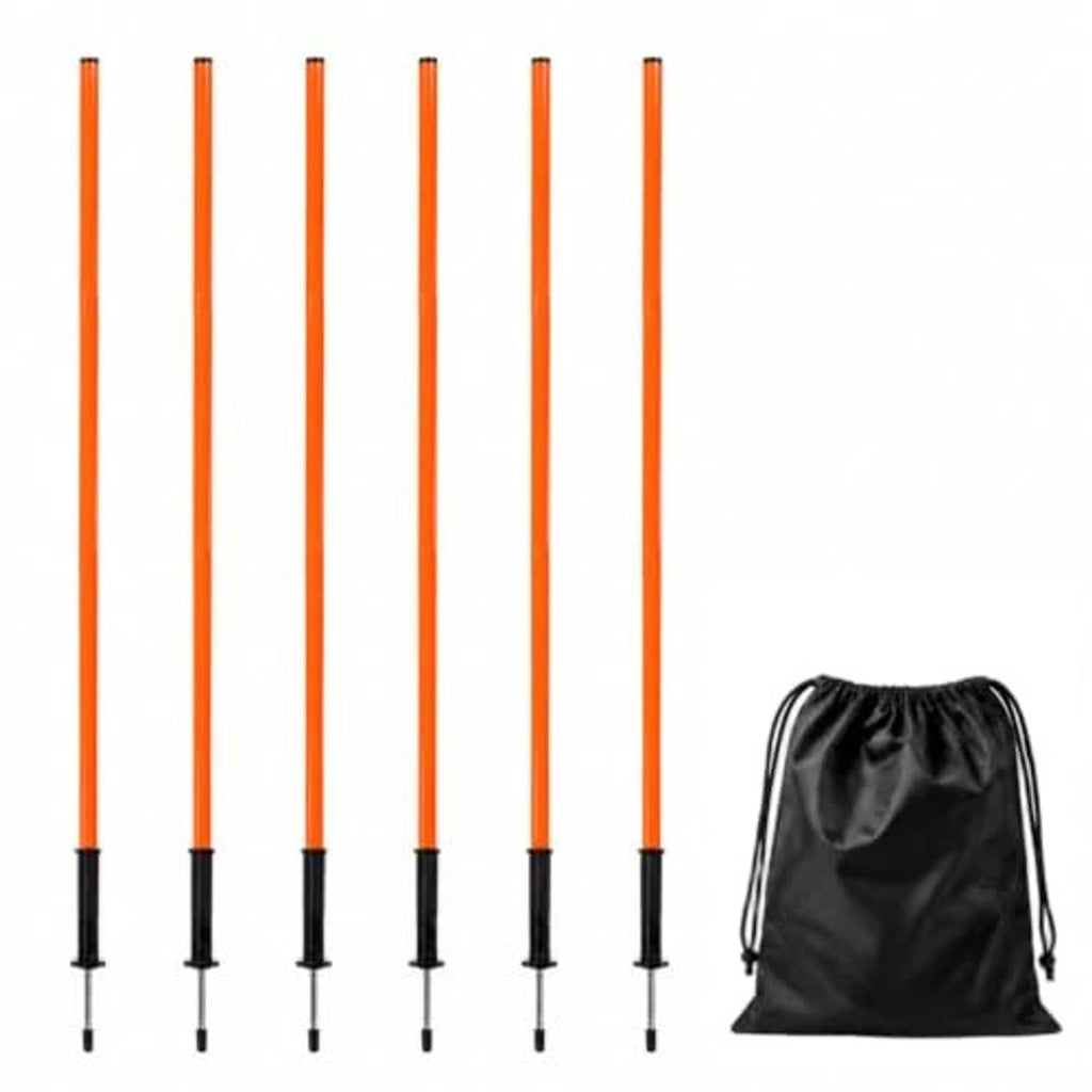 Orange agility training poles with black bases and black drawstring carry bag, set of 6