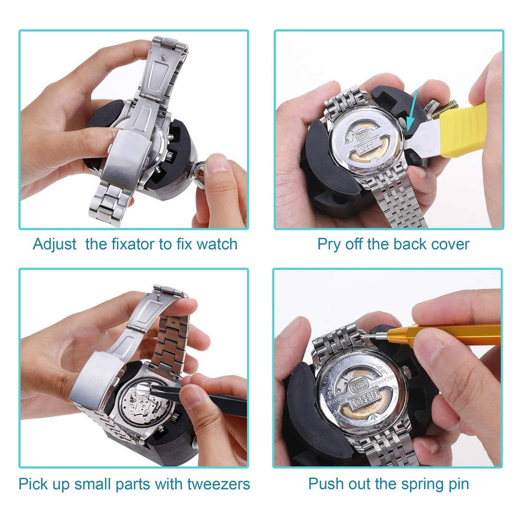 Watch case repair tools showing adjusting, prying, tweezers use, and spring pin removal