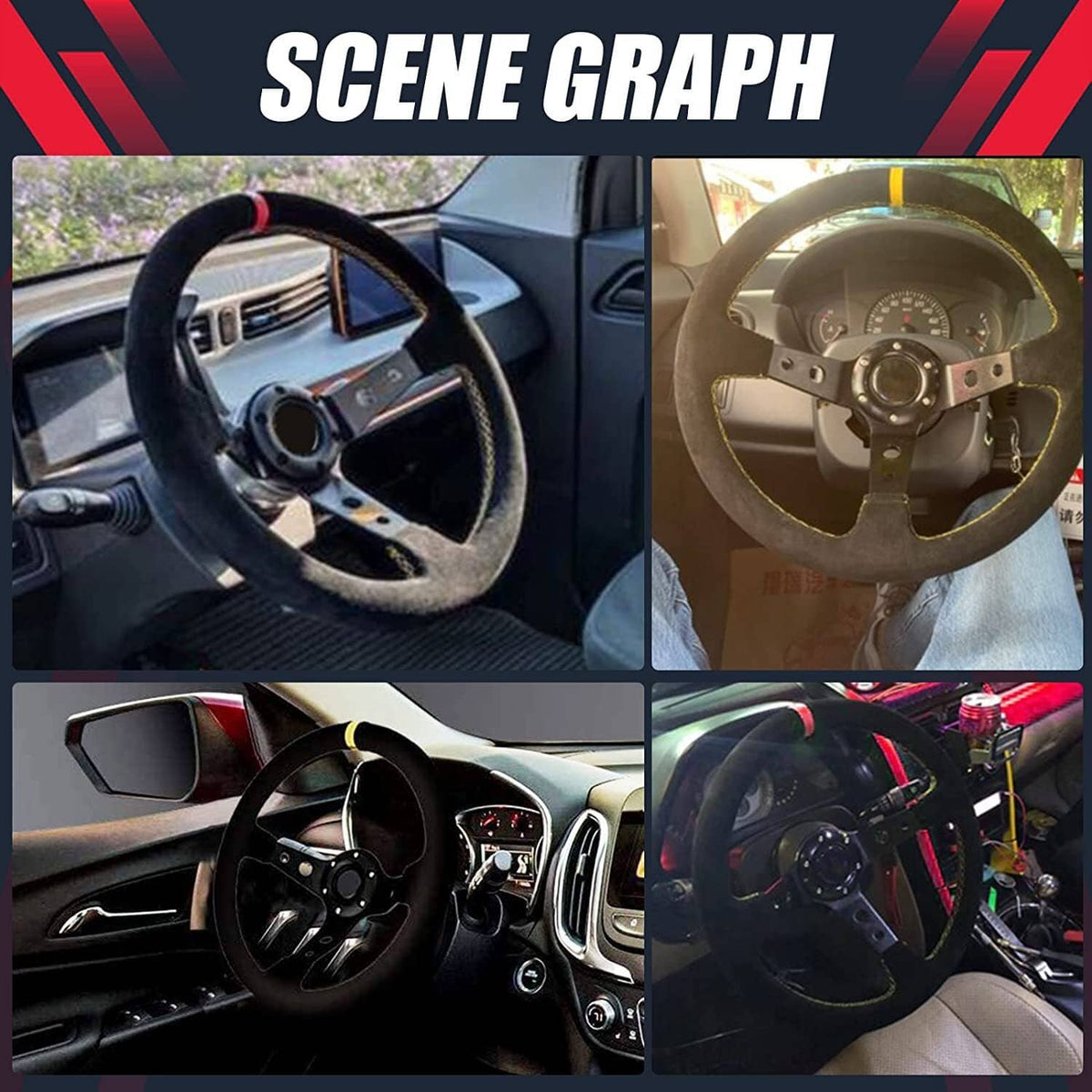 Racing steering wheel with horn button installed in car interior