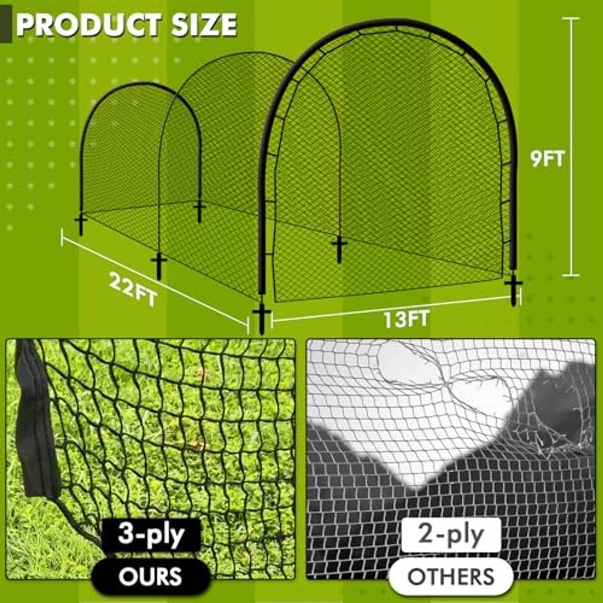 Batting cage size diagram with 22ft length, 13ft width, and 9ft height