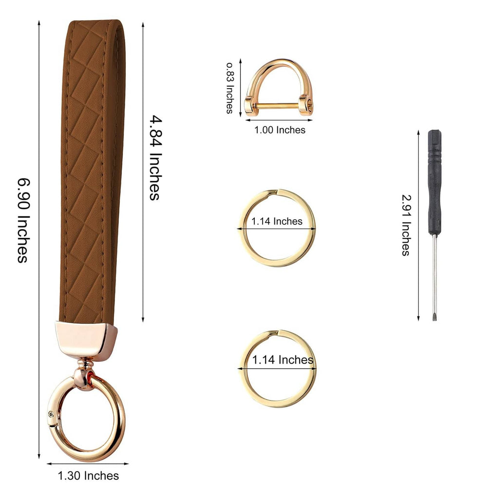 Brown quilted leather keychain wrist strap with round gold rings and spring clip