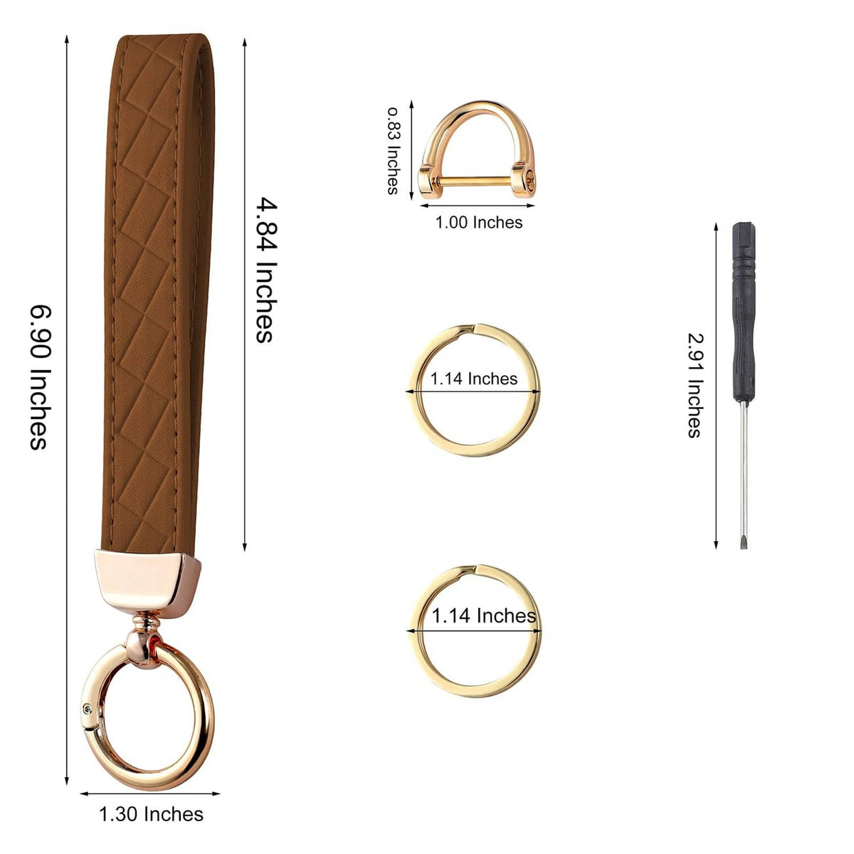 Brown quilted leather keychain wrist strap with round gold rings and spring clip
