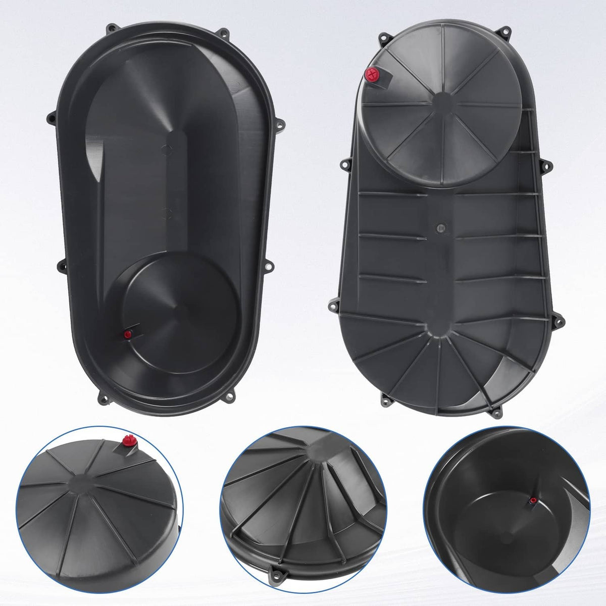 Black outer clutch cover multiple views showing front, back, and detail inserts
