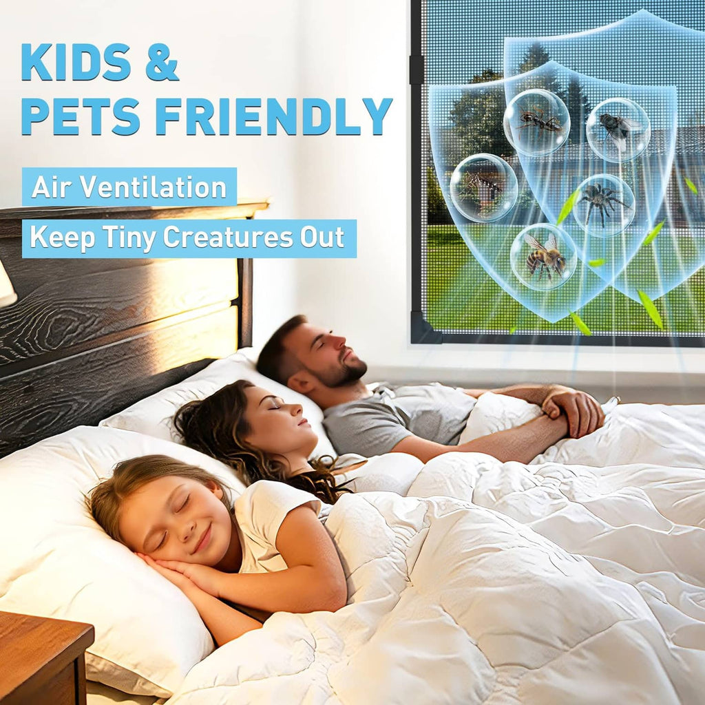 Magnetic window screen with black frame and mesh, kids and pets friendly design