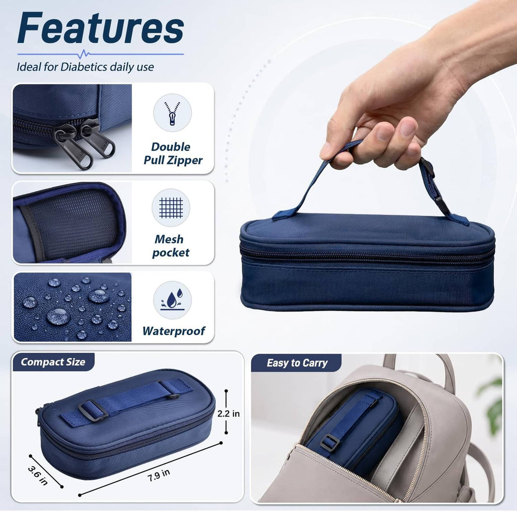 Navy blue insulated cooler case with double pull zipper and mesh pocket