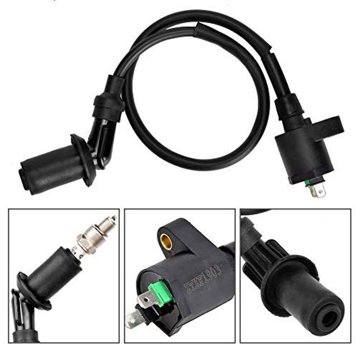 Ignition coil lead with spark plug, black cable and terminal, green insert