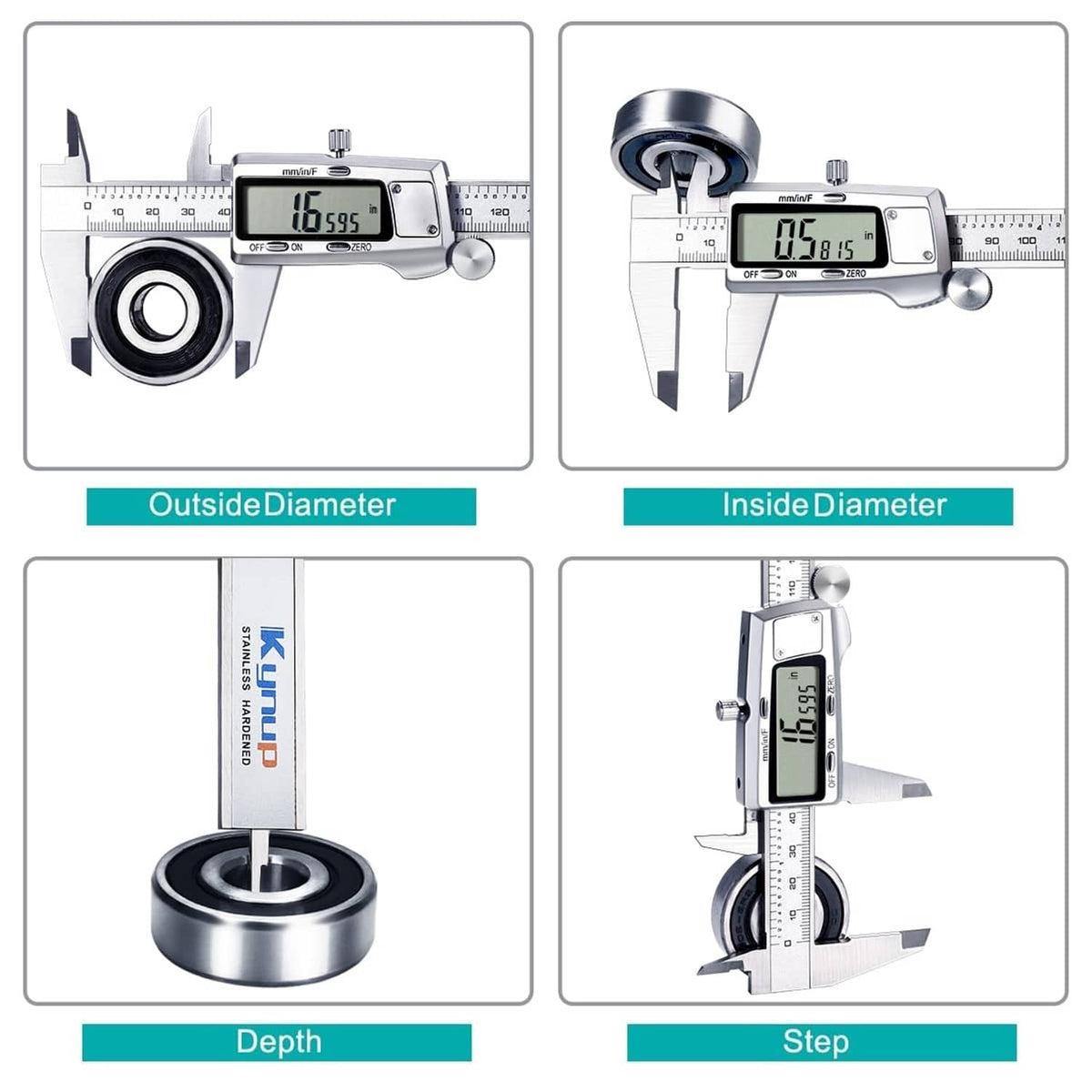 Digital caliper with LCD screen, jaws for outside/inside diameter and depth