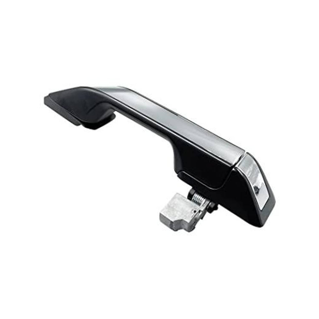 Exterior door handle with chrome trim and black handle cover, includes metal mounting