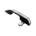 Exterior door handle with chrome trim and black handle cover, includes metal mounting