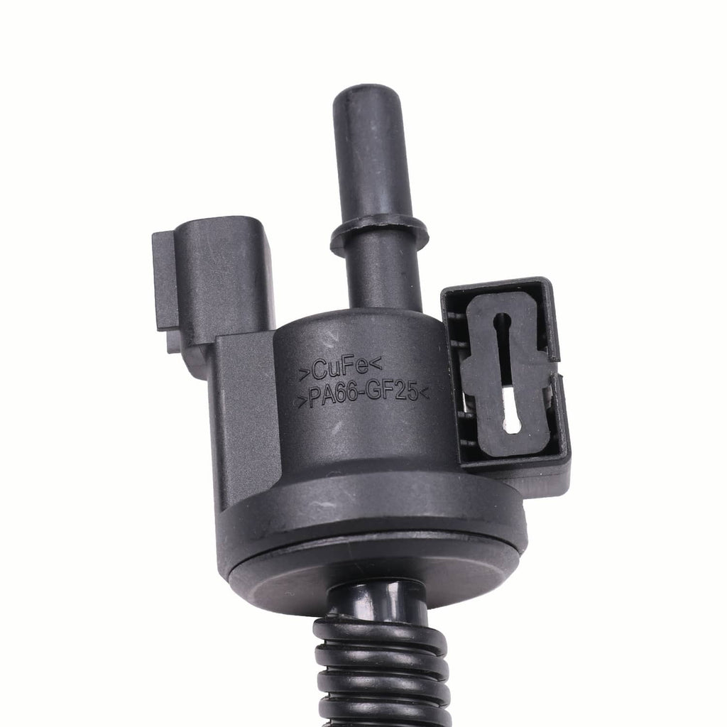 Black fuel vapour purge solenoid with electrical connector and vacuum hose outlet