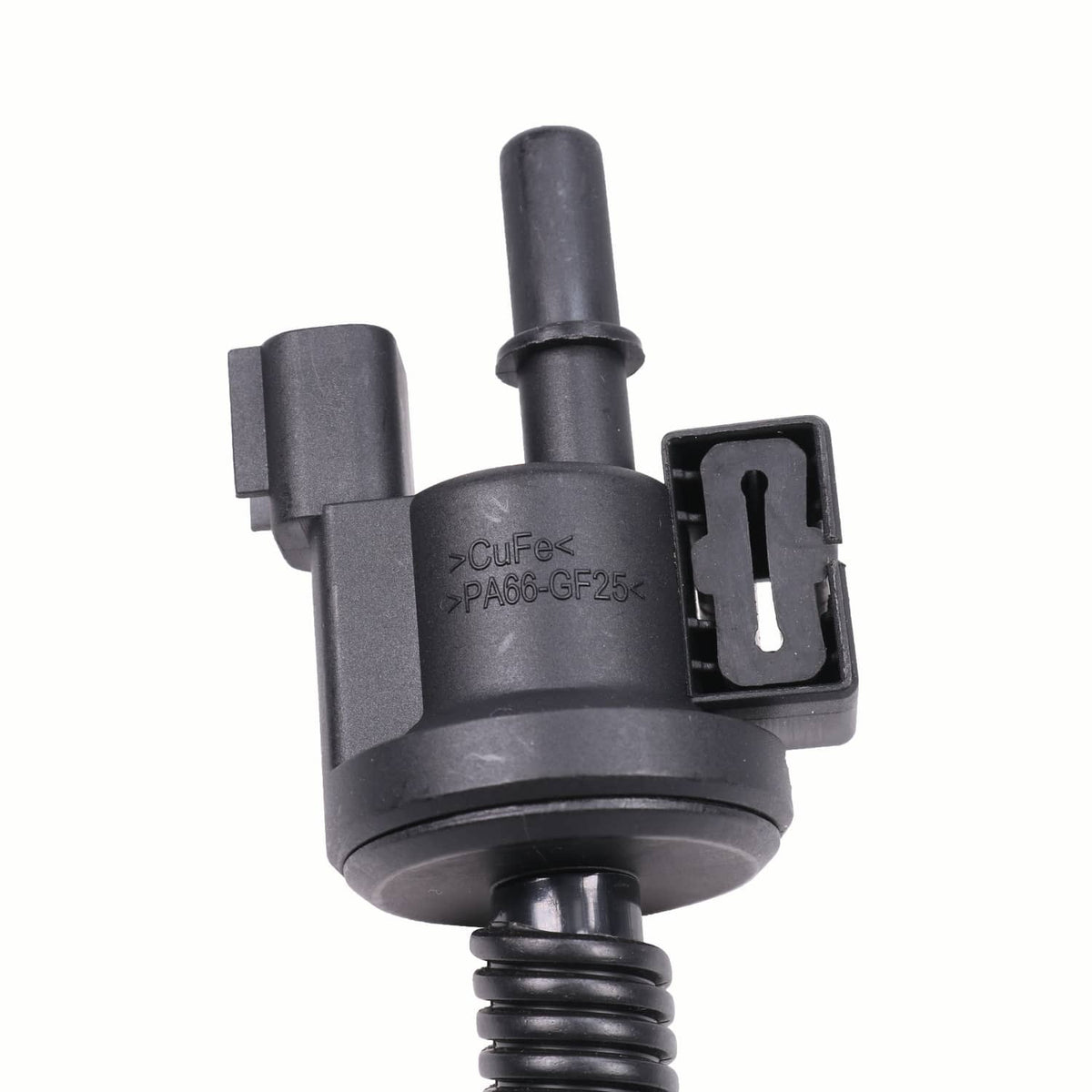 Black fuel vapour purge solenoid with electrical connector and vacuum hose outlet