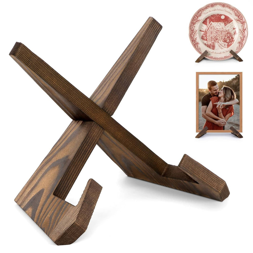 Brown X-shaped plate display stand, 6.5-inch holder with slot base