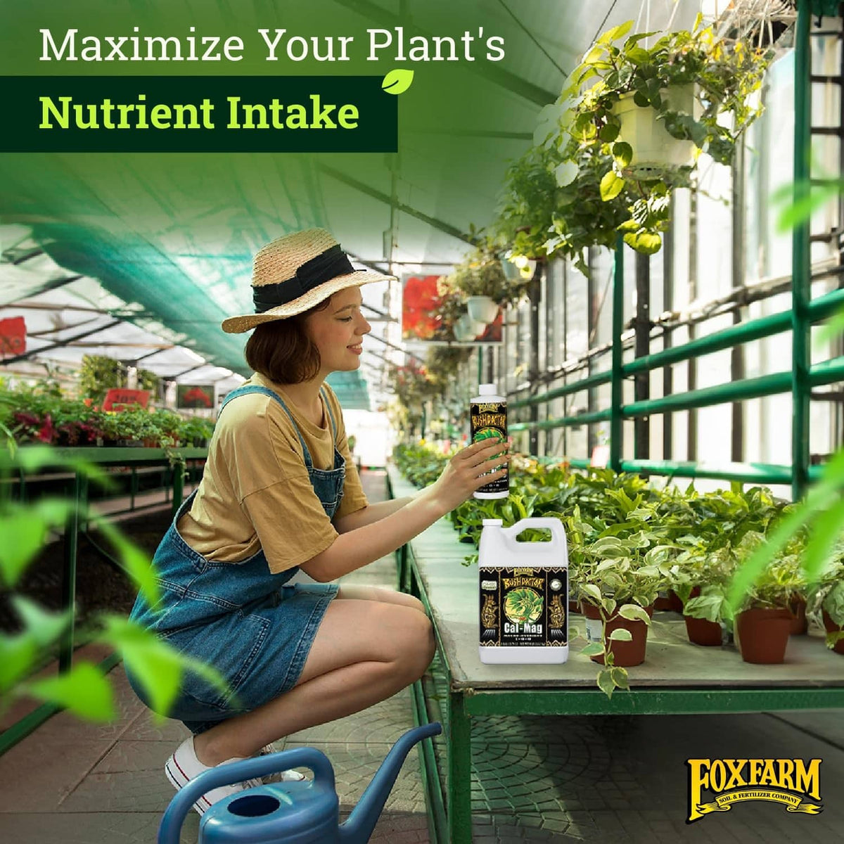 Liquid calcium and magnesium supplement bottle near potted plants, white cap