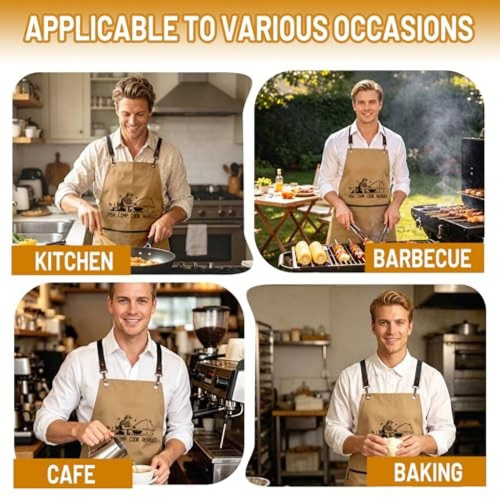 Khaki cooking apron shown for kitchen, barbecue, cafe, and baking use (four scenes).