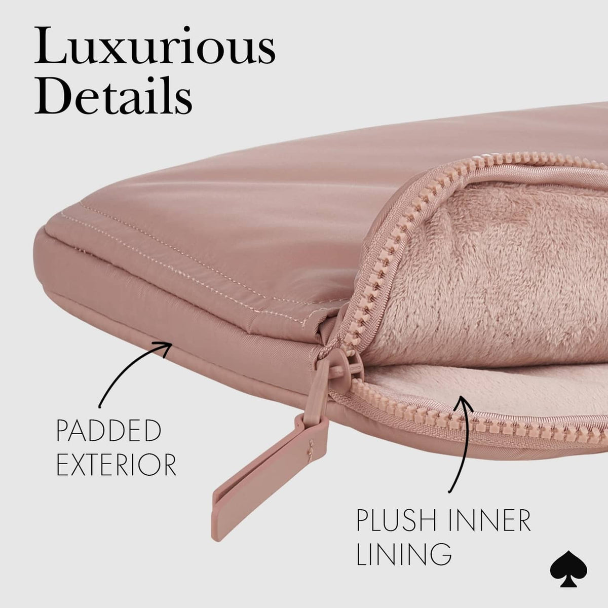 Rose puffer laptop sleeve with plush inner lining and zip-top closure