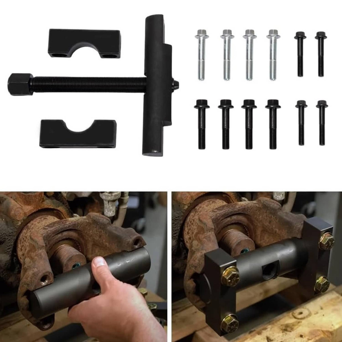 Yoke puller tool and hardware kit shown with installation parts and fasteners
