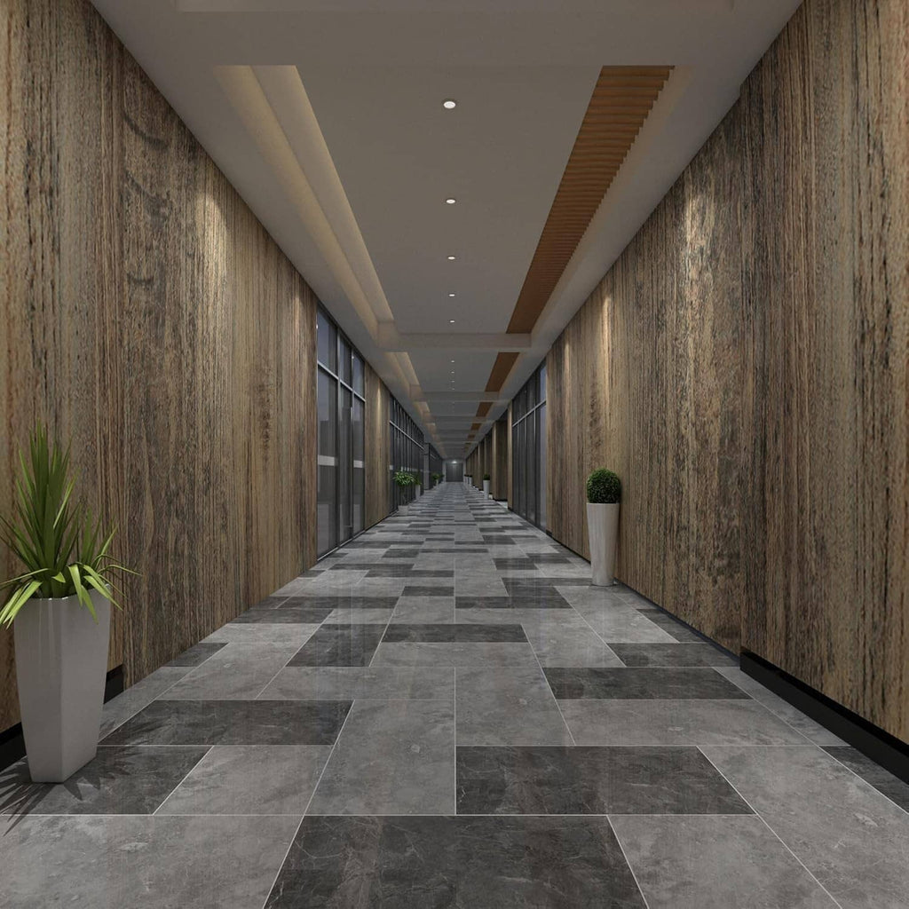 Brown wood-grain peel-and-stick wallpaper rolls, vintage wall pattern in hallway