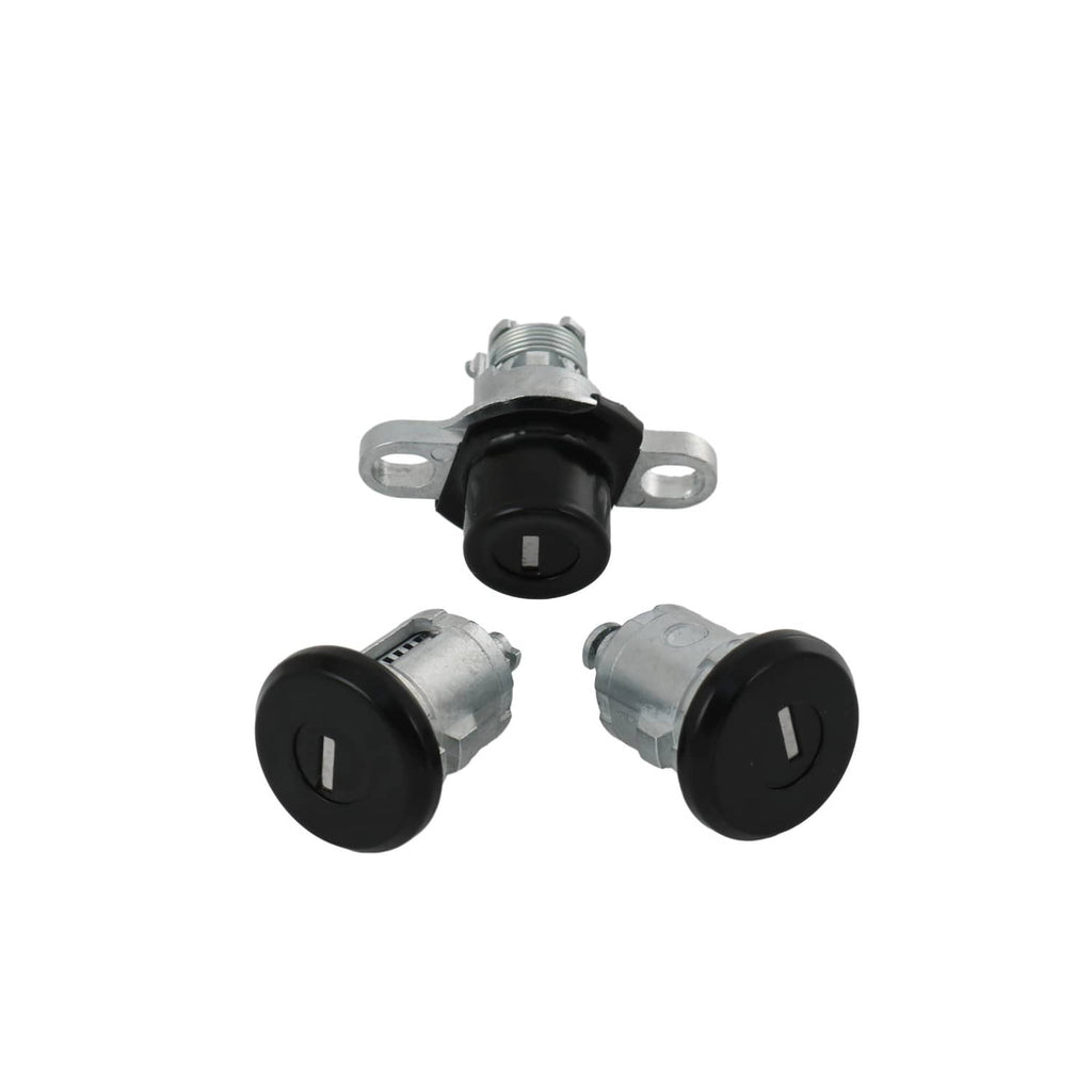 Black and silver lock cylinder set with three cylinders and central bracket plate
