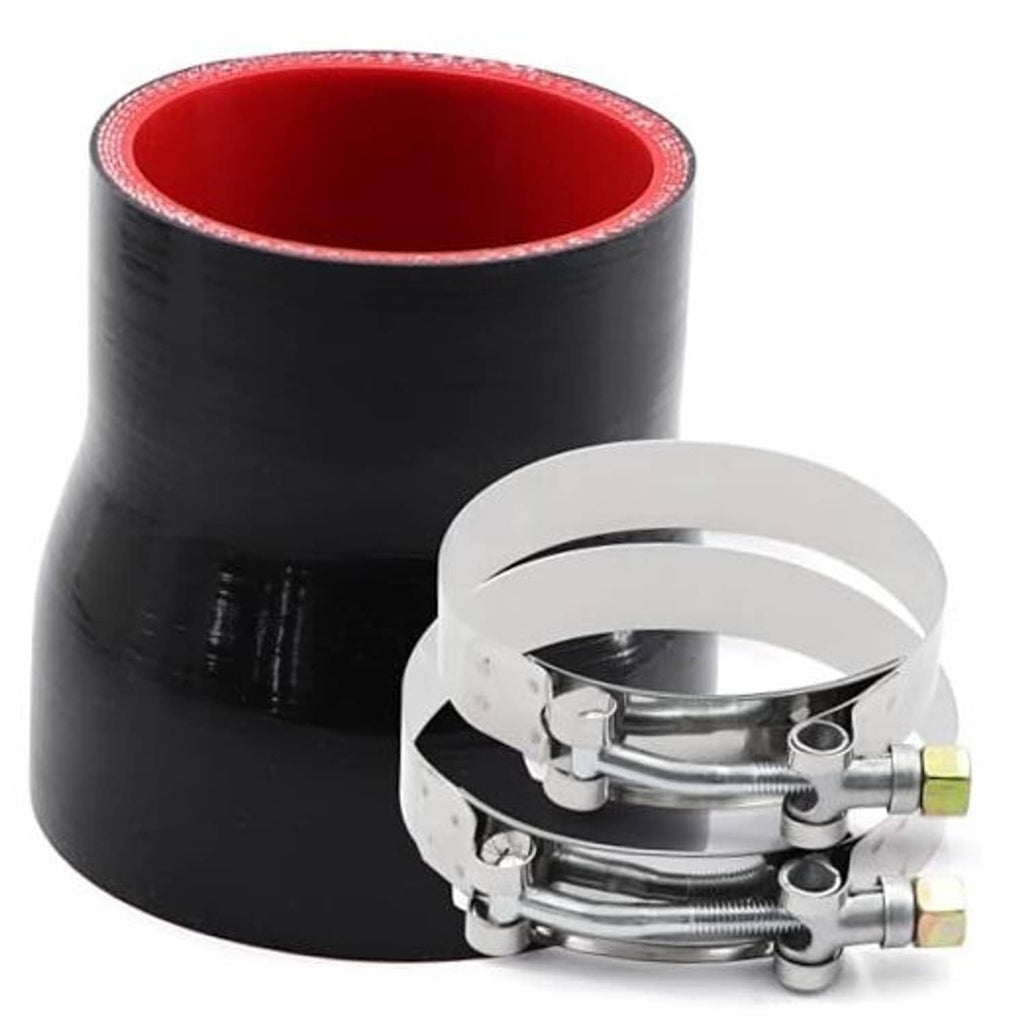 Black silicone straight reducer coupler with stainless T-bolt clamps and red inner lining