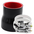 Black silicone straight reducer coupler with stainless T-bolt clamps and red inner lining