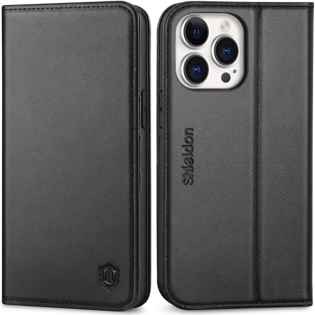 Black genuine leather phone wallet case with card slots and flip cover, for iPhone