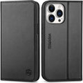 Black genuine leather phone wallet case with card slots and flip cover, for iPhone