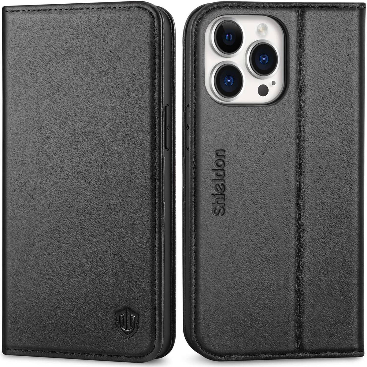 Black genuine leather phone wallet case with card slots and flip cover, for iPhone