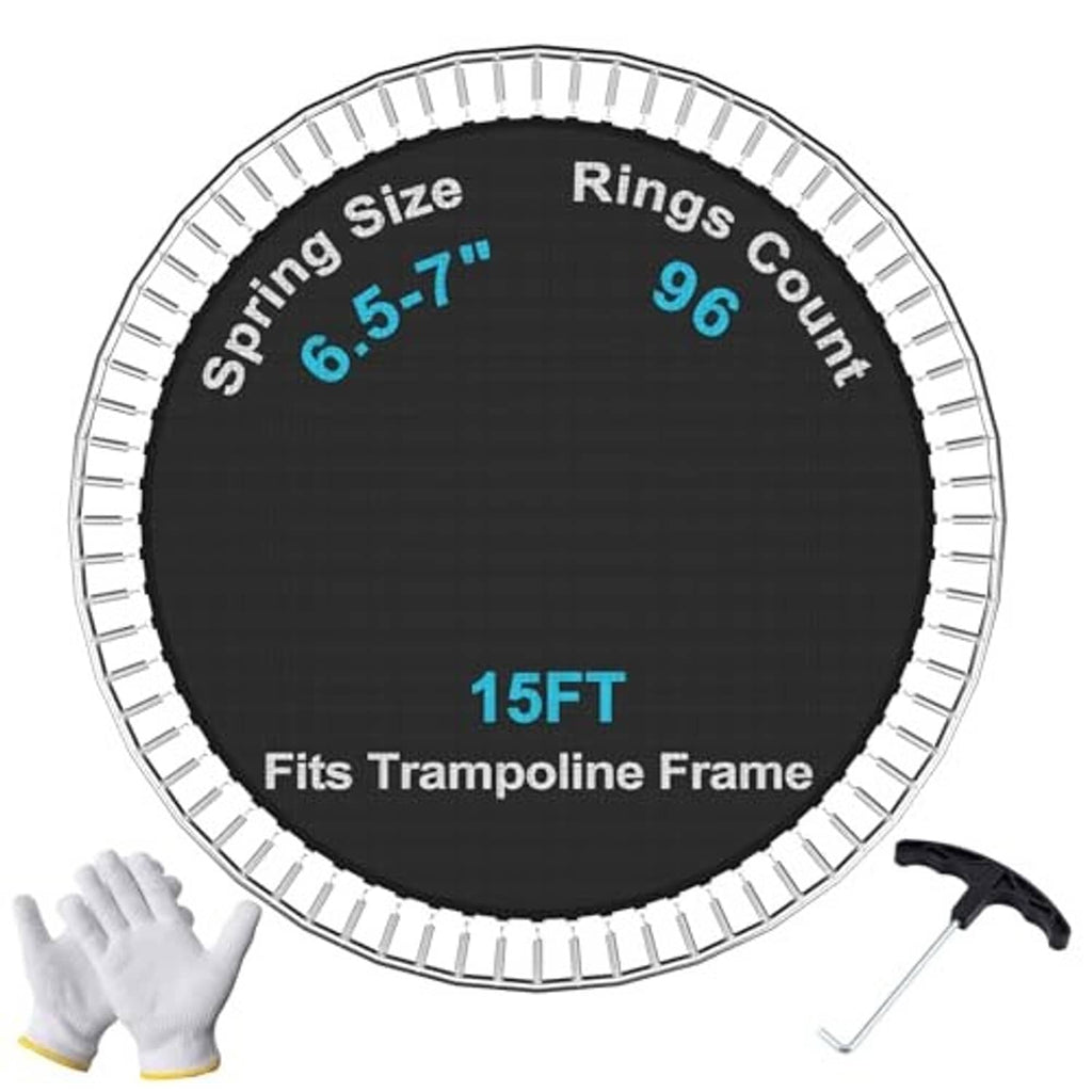 Black trampoline replacement mat with silver spring ring edge and bundled installation tools