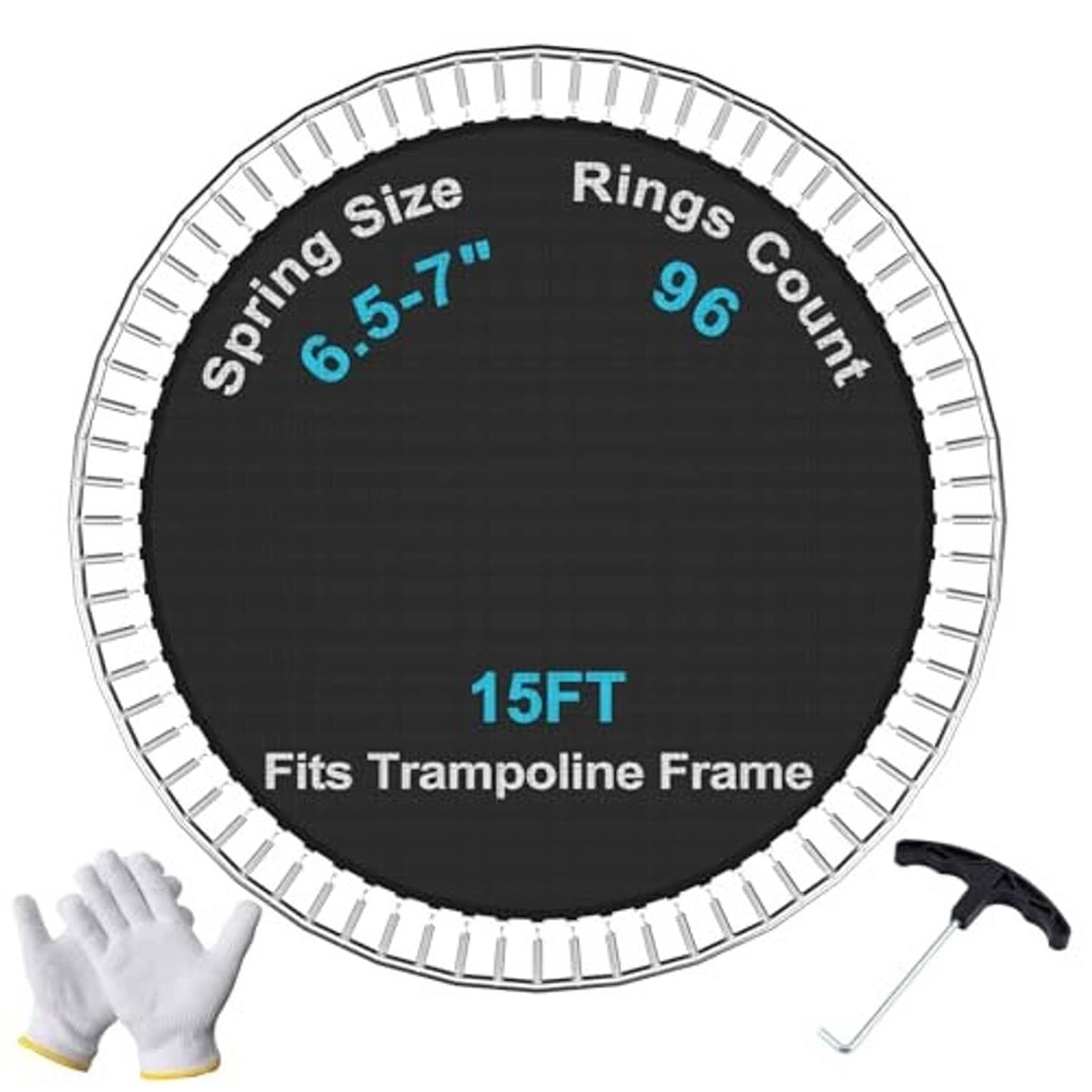 Black trampoline replacement mat with silver spring ring edge and bundled installation tools