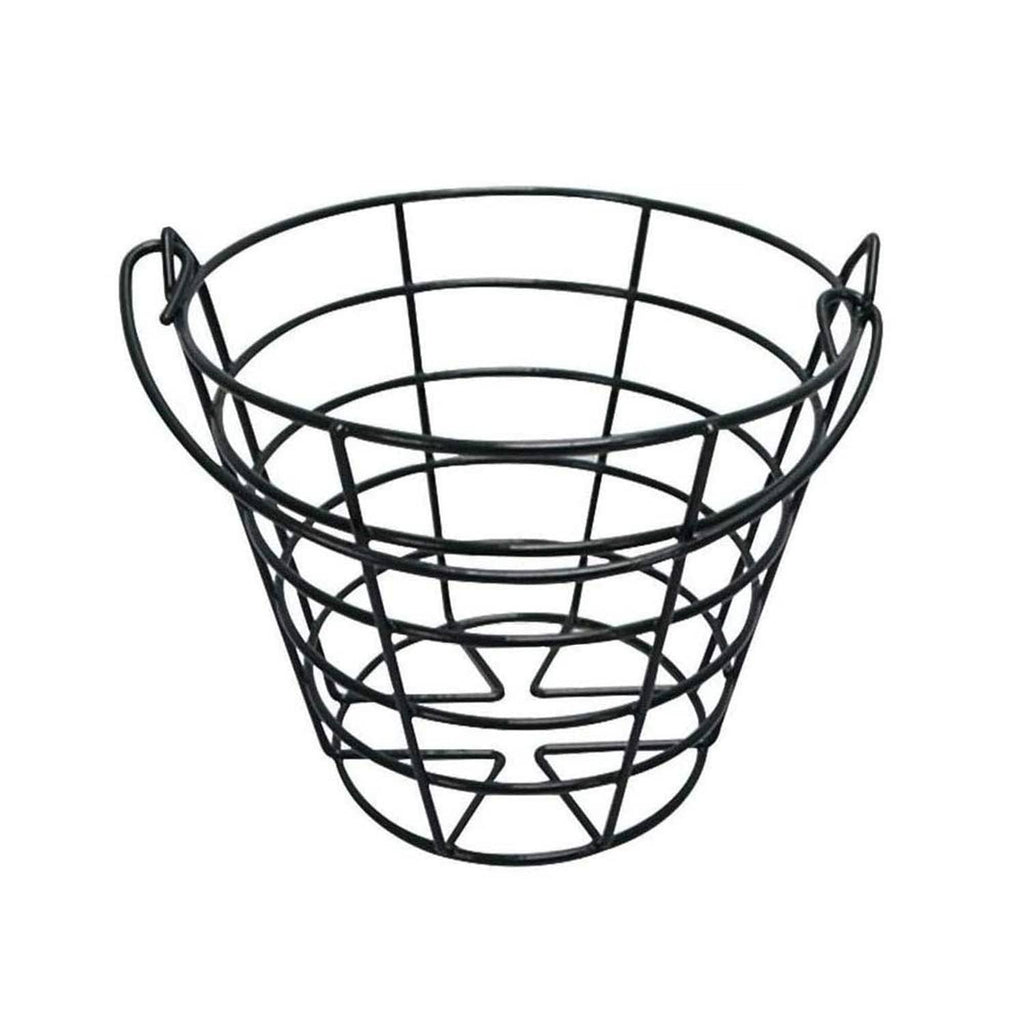 Dark metal golf ball basket with round wire frame and two side handles