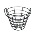 Dark metal golf ball basket with round wire frame and two side handles