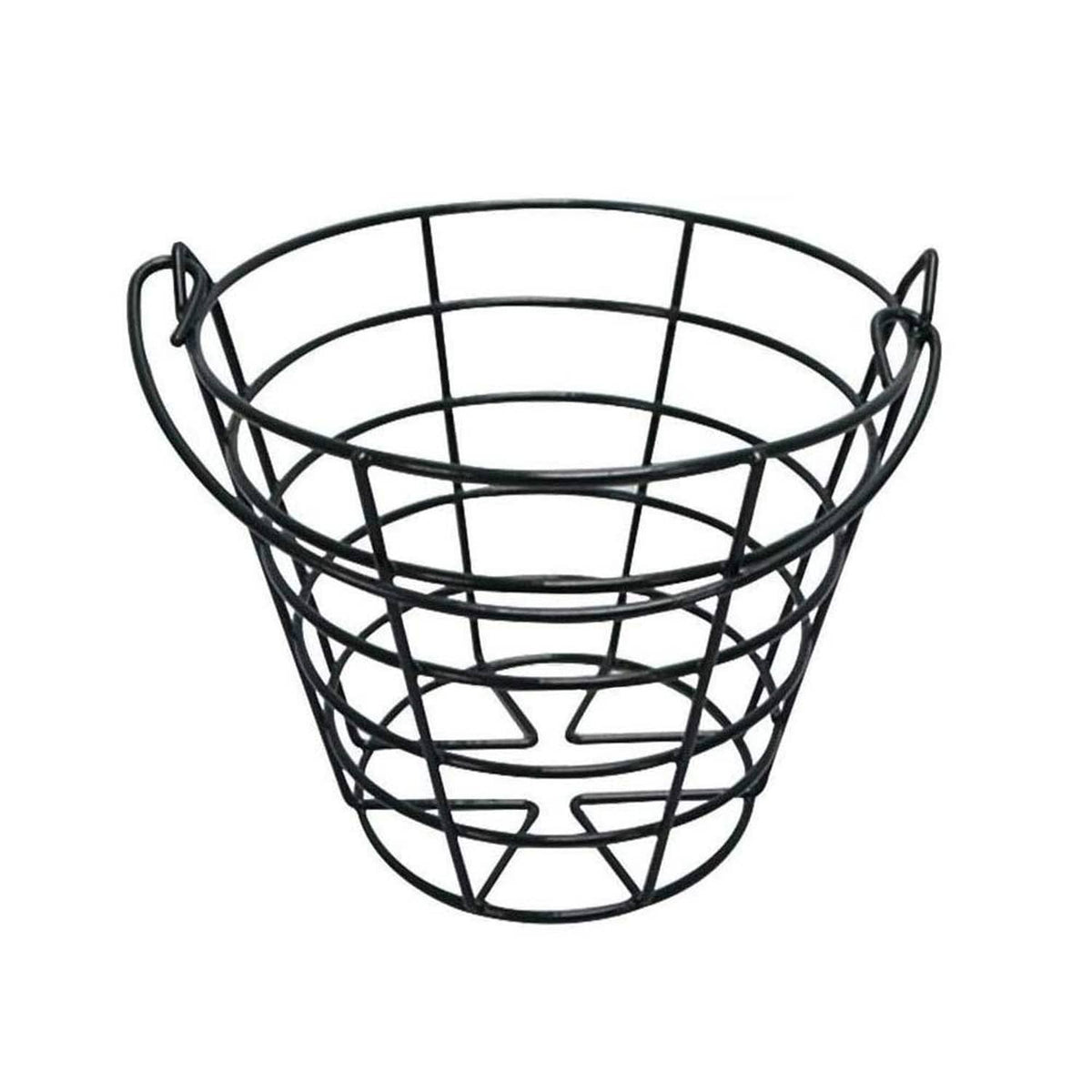 Dark metal golf ball basket with round wire frame and two side handles