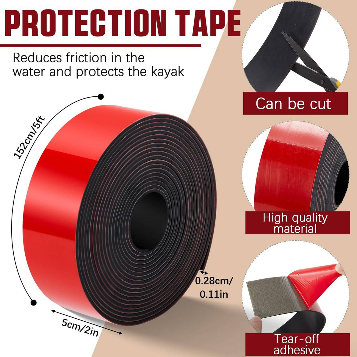 Coiled black kayak keel guard tape on red strip, self-adhesive roll