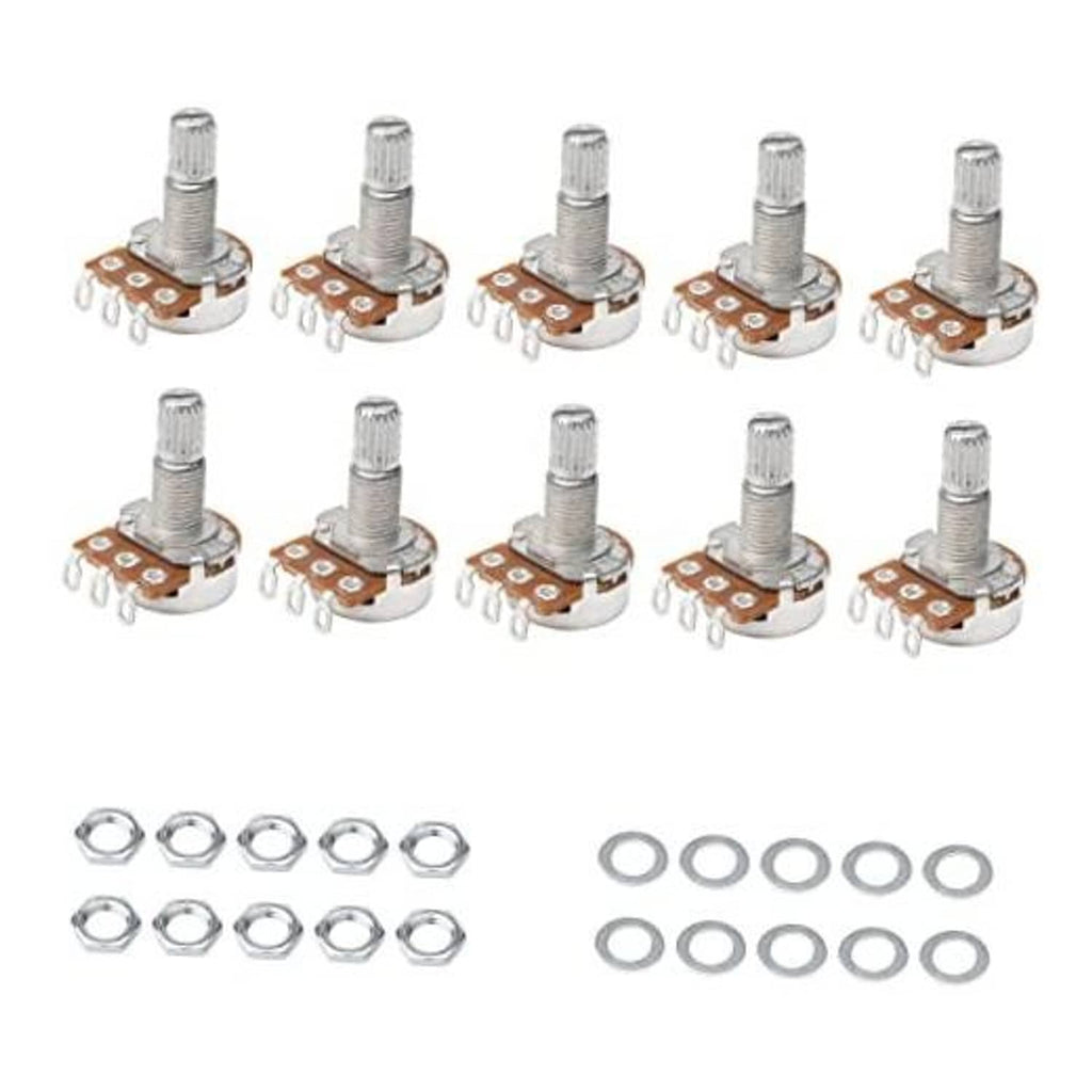 Guitar potentiometer pack with split shaft, metal body, and mounting terminals and nuts