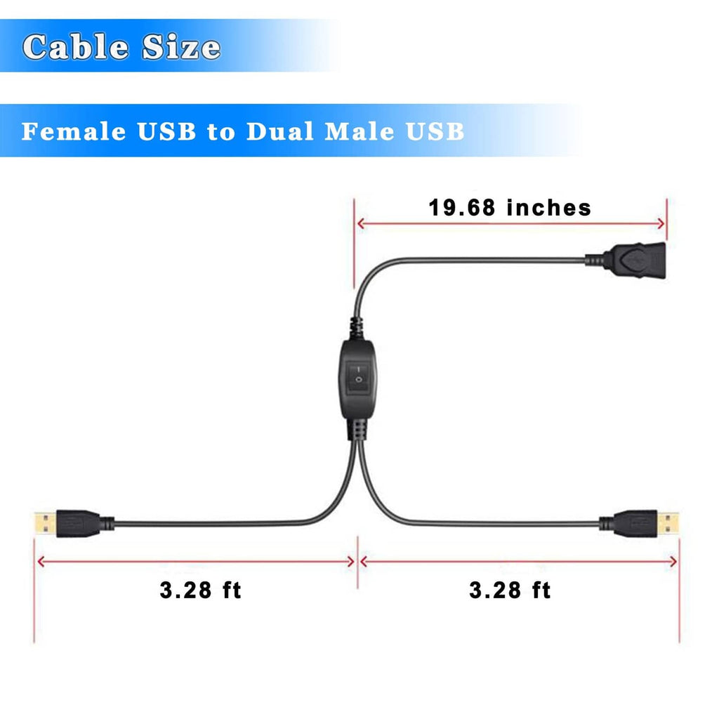 USB splitter cable length diagram showing female-to-dual-male connections and measurements