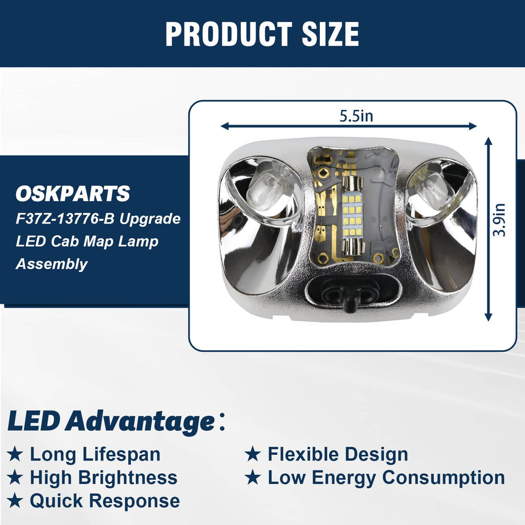 Cab map lamp assembly with size diagram, chrome housing and dual clear bulb lenses
